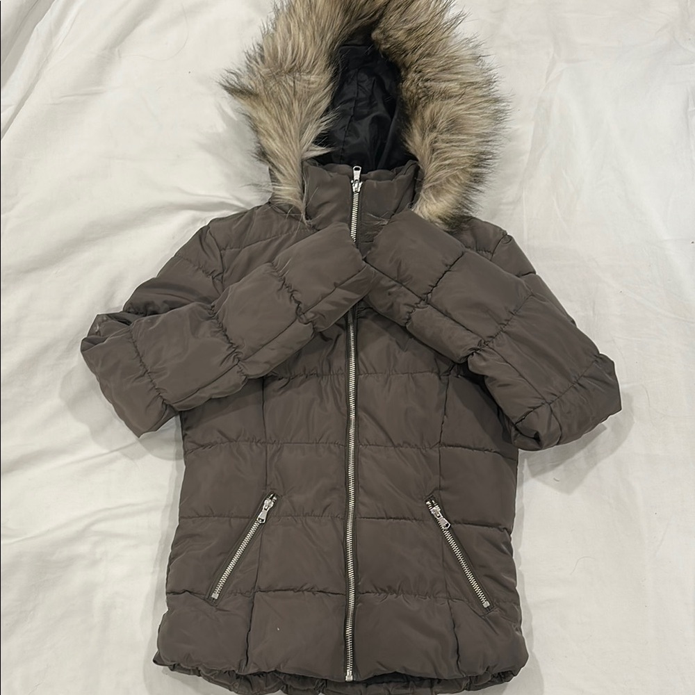 Olive Puffer Jacket with Faux Fur Hood